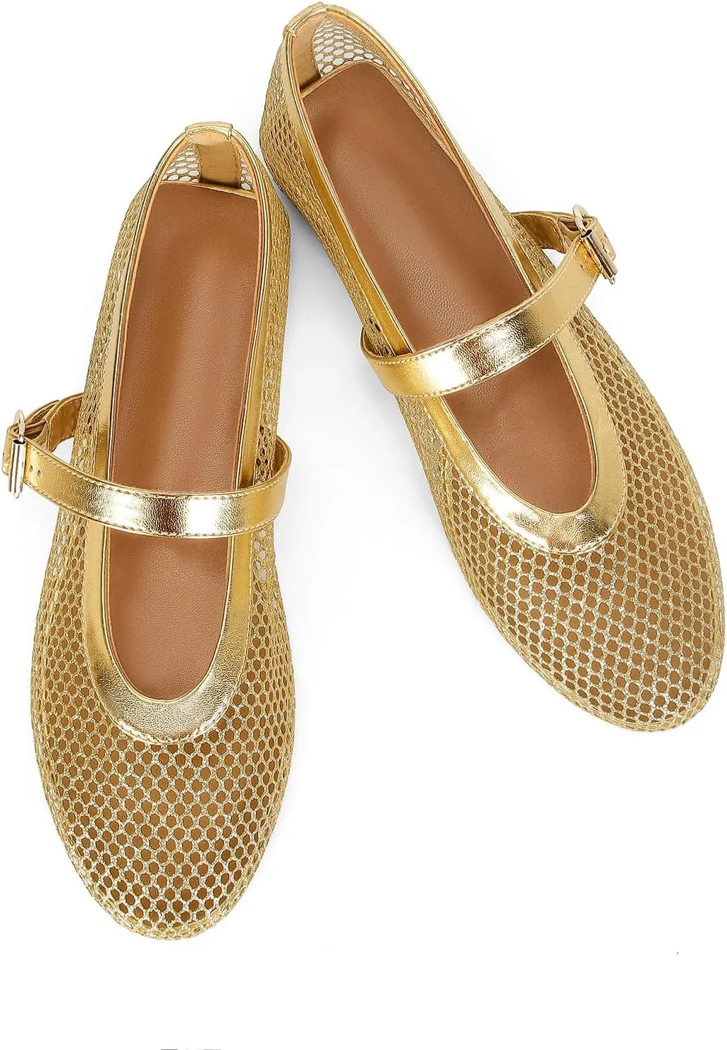 DOEYG Mesh Ballet Flats for Women Buckle Strap Comfy Casual Office Fishnet Ballerina Flat Shoes