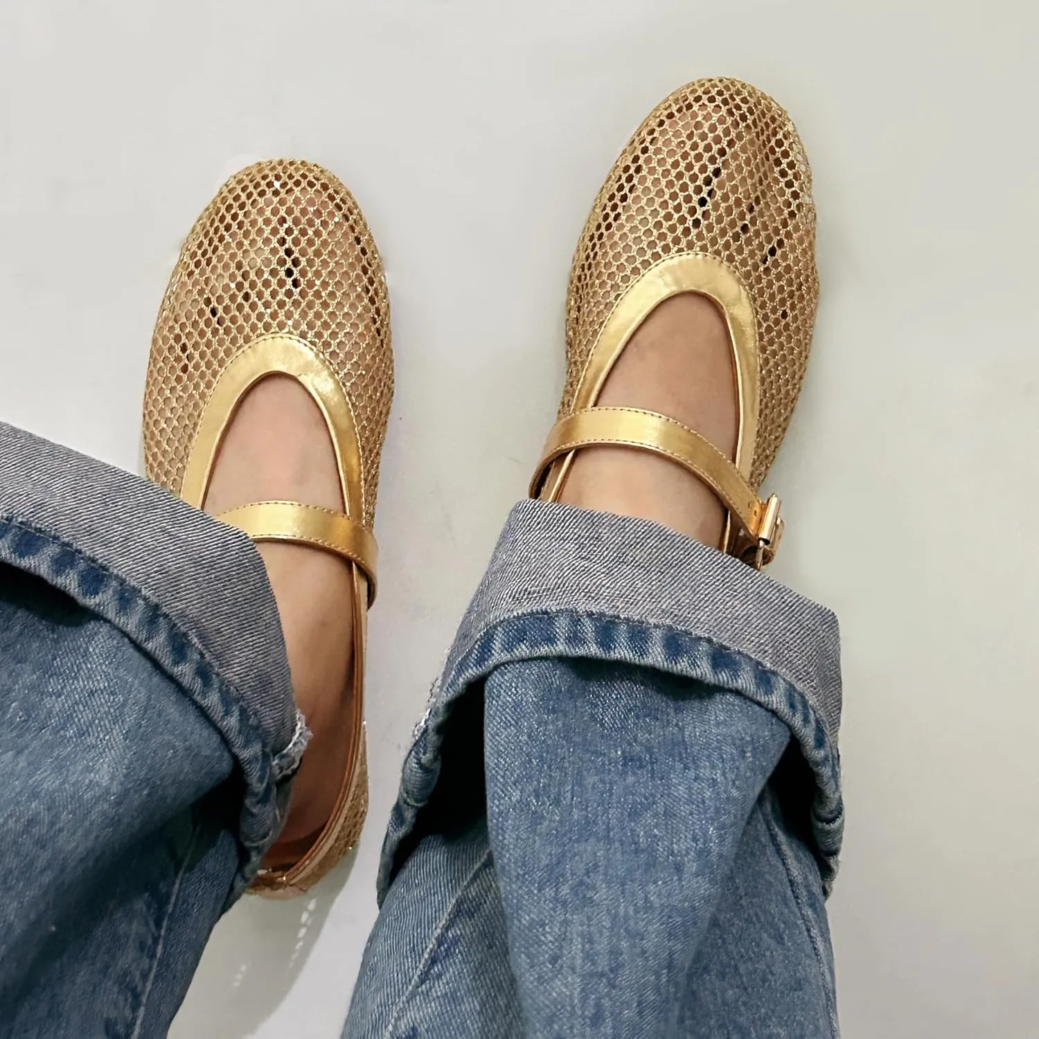 DOEYG Mesh Ballet Flats for Women Buckle Strap Comfy Casual Office Fishnet Ballerina Flat Shoes