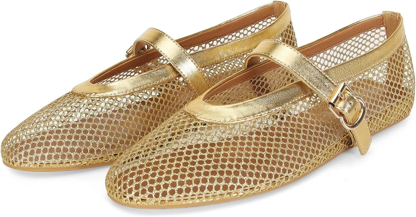 DOEYG Mesh Ballet Flats for Women Buckle Strap Comfy Casual Office Fishnet Ballerina Flat Shoes