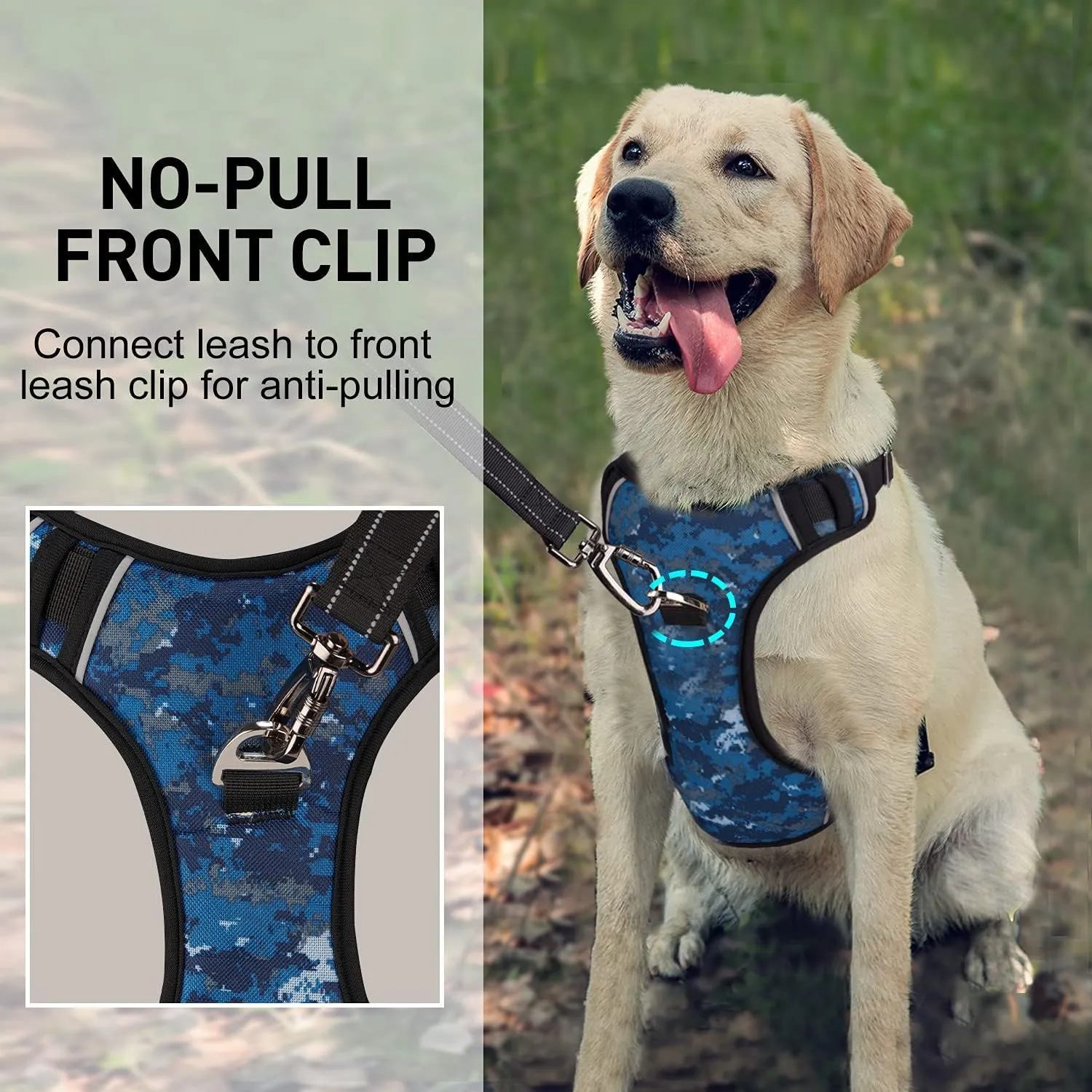 Dog Harness for Large Dogs No Pull with Handle 2 Metal Leash Clips, Adjustable Reflective Puppy Harness, Breathable Camo Oxford Padded Vest Easy Control Front Clip for Medium Large Dogs