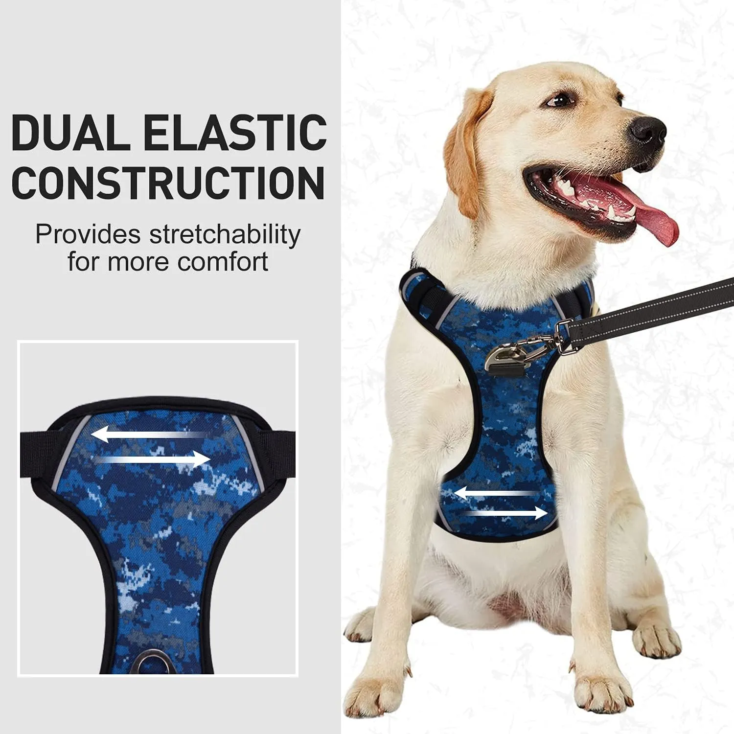 Dog Harness for Large Dogs No Pull with Handle 2 Metal Leash Clips, Adjustable Reflective Puppy Harness, Breathable Camo Oxford Padded Vest Easy Control Front Clip for Medium Large Dogs