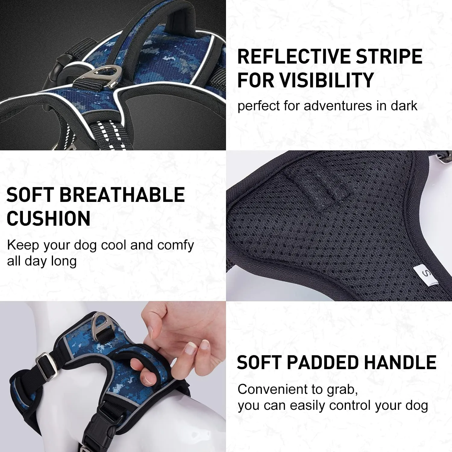 Dog Harness for Large Dogs No Pull with Handle 2 Metal Leash Clips, Adjustable Reflective Puppy Harness, Breathable Camo Oxford Padded Vest Easy Control Front Clip for Medium Large Dogs