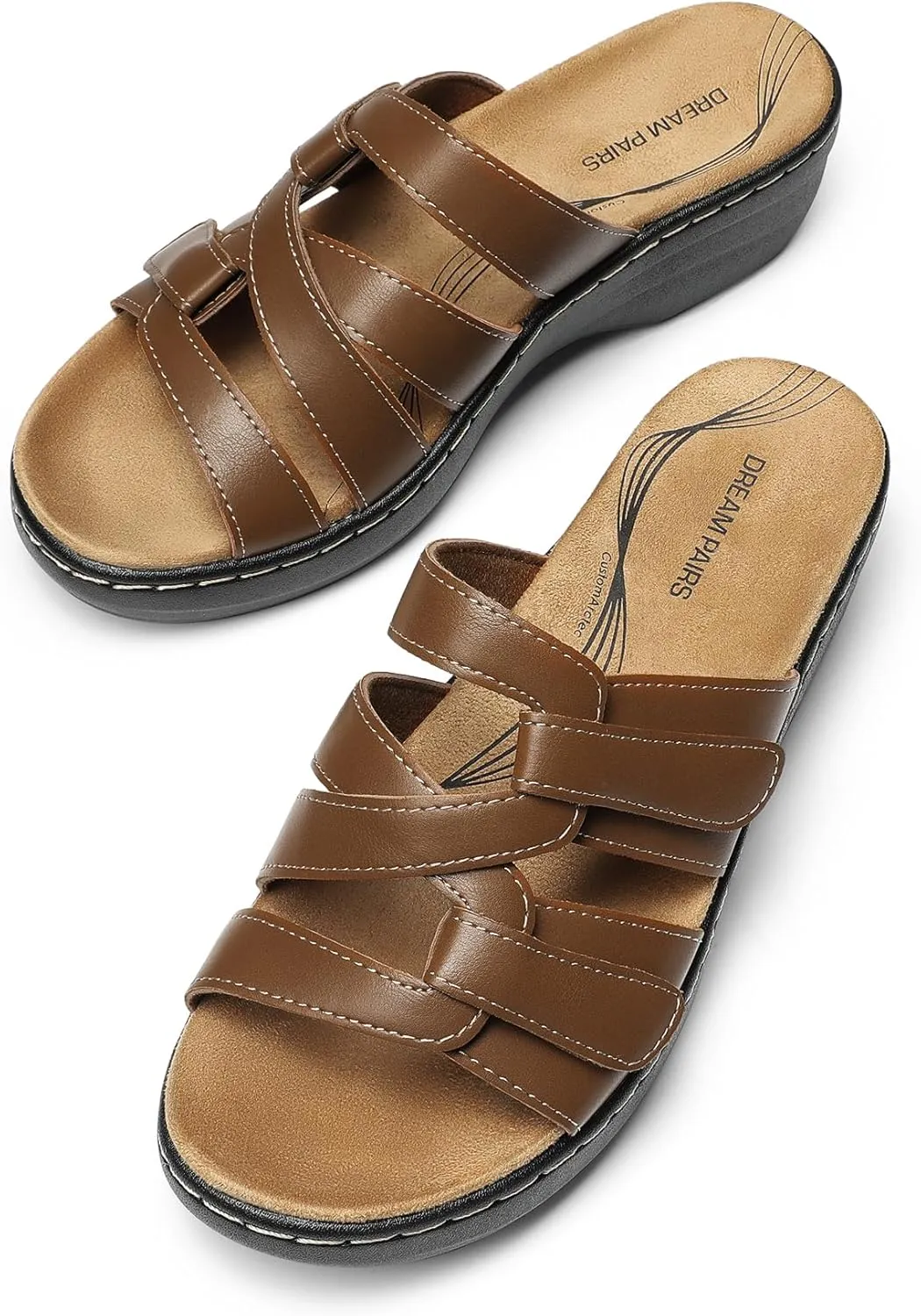 DREAM PAIRS Women's Arch Support Slide Sandals Adjustable Straps Slip On Wedge Sandals Casual Comfort Lightweight Flat Slides