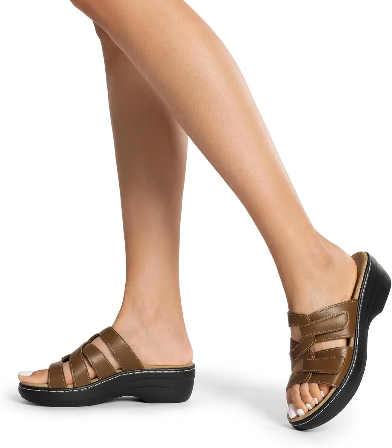 DREAM PAIRS Women's Arch Support Slide Sandals Adjustable Straps Slip On Wedge Sandals Casual Comfort Lightweight Flat Slides