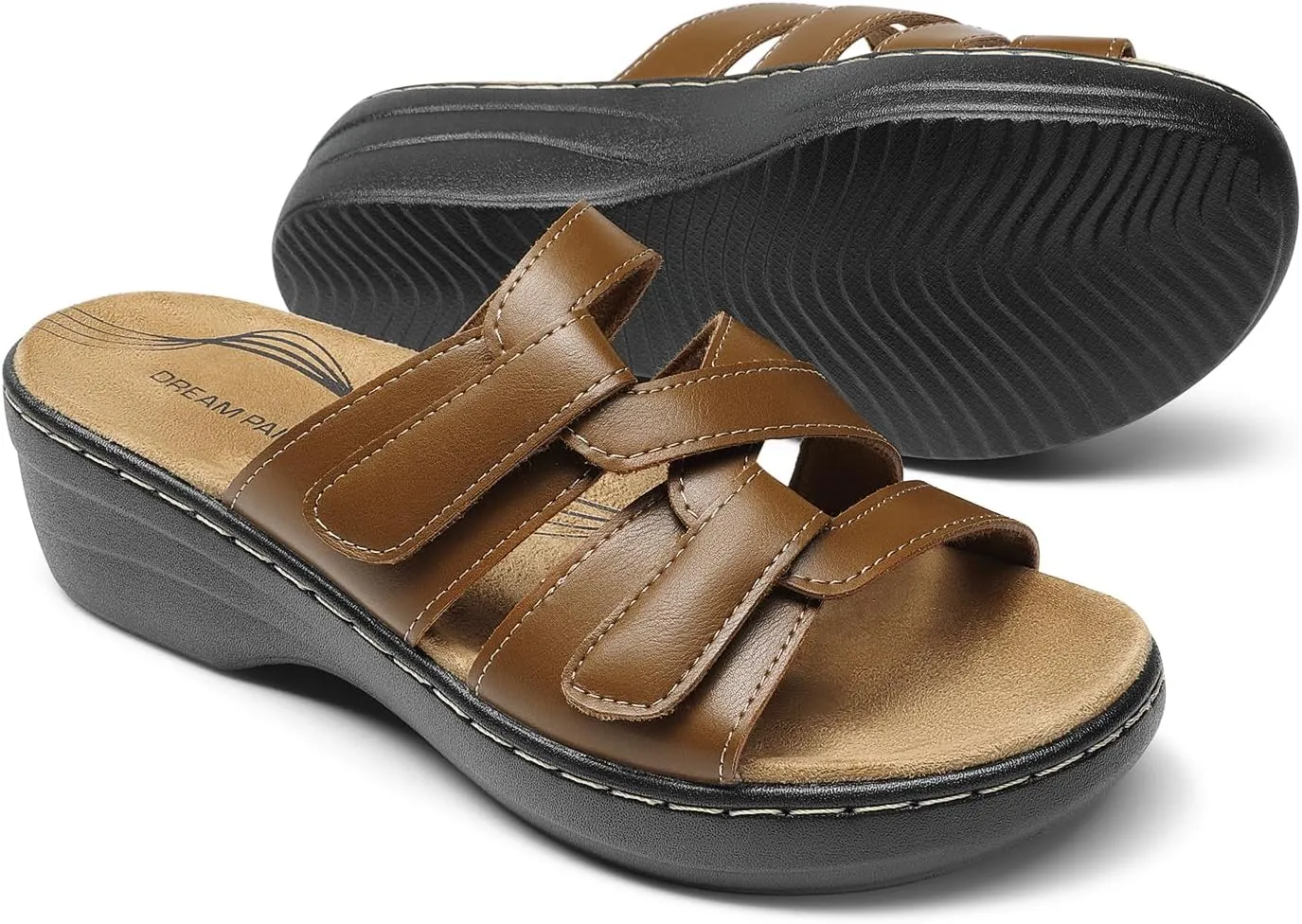 DREAM PAIRS Women's Arch Support Slide Sandals Adjustable Straps Slip On Wedge Sandals Casual Comfort Lightweight Flat Slides