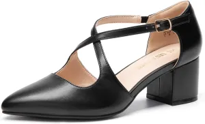 DREAM PAIRS Women's Chunky Heels Dress Pumps Closed Pointed Toe Comfort Cross Strap Block Heel Shoes for Party Dance Wedding