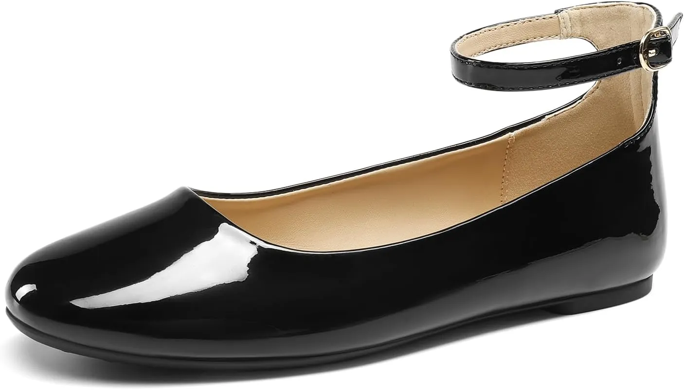 DREAM PAIRS Women's Dressy Ballet Flats Shoes Round Toe Comfortable Ankle Strap Patent Ballerina Flats Shoes