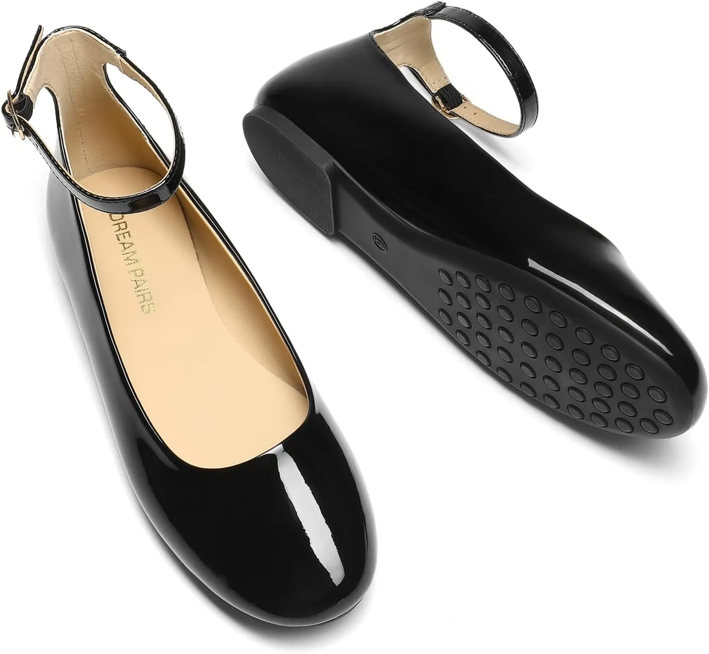 DREAM PAIRS Women's Dressy Ballet Flats Shoes Round Toe Comfortable Ankle Strap Patent Ballerina Flats Shoes