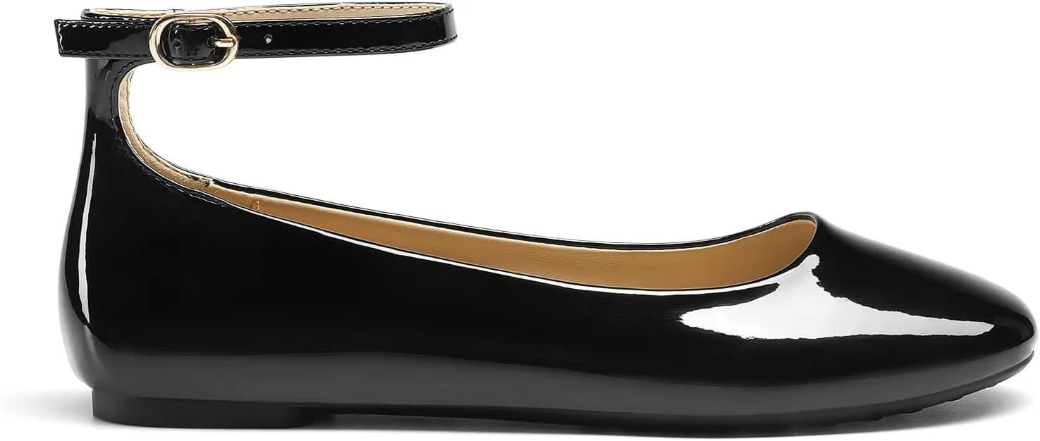 DREAM PAIRS Women's Dressy Ballet Flats Shoes Round Toe Comfortable Ankle Strap Patent Ballerina Flats Shoes