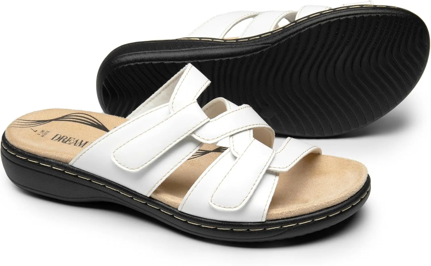 DREAM PAIRS Womens Slides Arch Support Slip on Flat Sandals Comfort Plantar Fasciitis Soft Cushion Slippers With Adjustable Straps