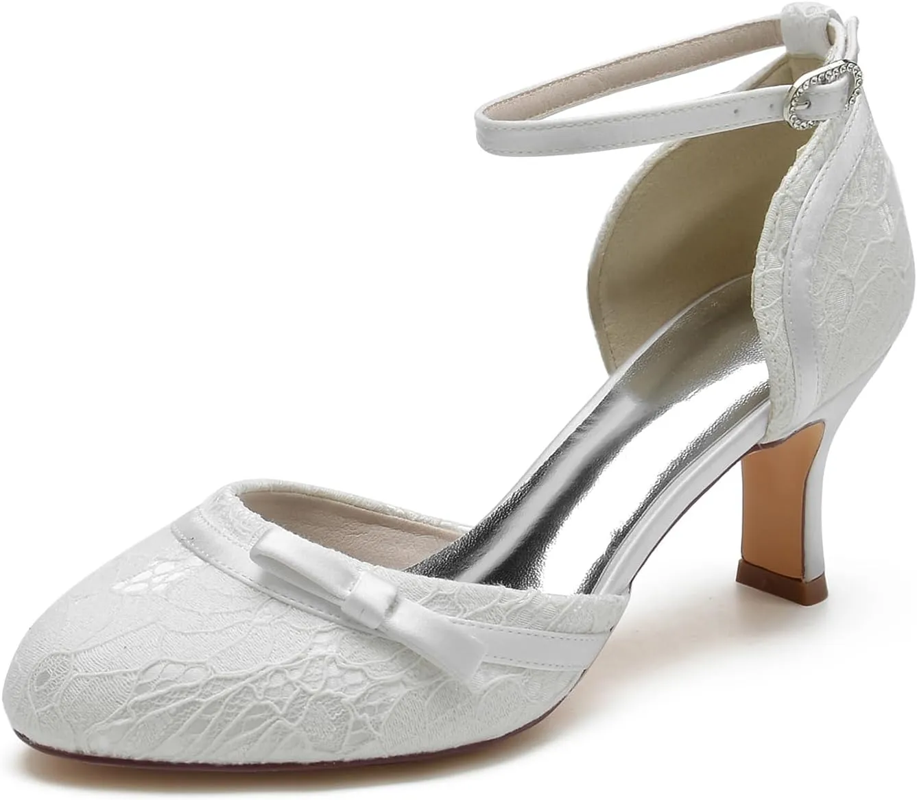 Dress First Wedding Shoes Lace Satin Bow Heels for Women High Heel Closed Toe Wedding Heels Bridesmaid Shoes Ankle Strap Heels Elegant with Buckle, 2.56 inch