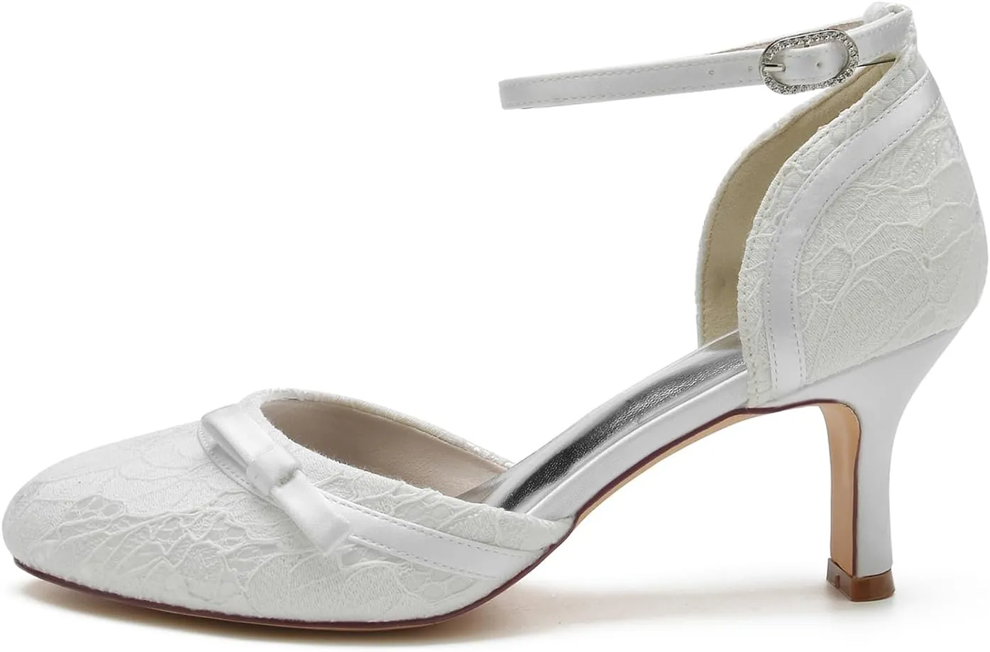 Dress First Wedding Shoes Lace Satin Bow Heels for Women High Heel Closed Toe Wedding Heels Bridesmaid Shoes Ankle Strap Heels Elegant with Buckle, 2.56 inch