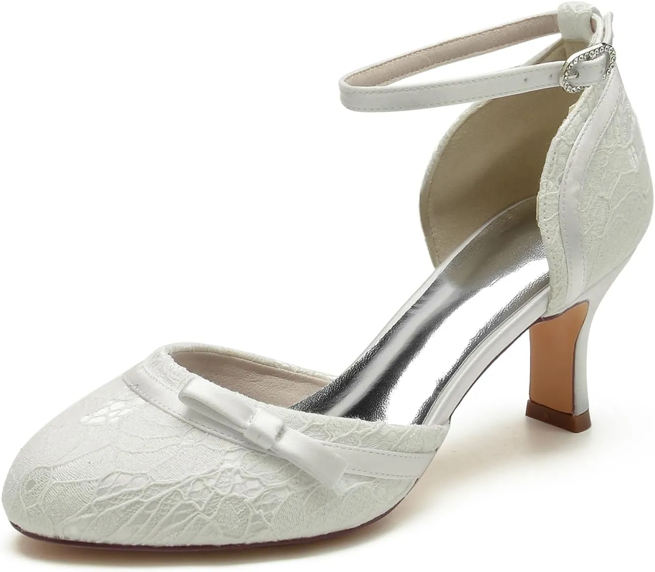 Dress First Wedding Shoes Lace Satin Bow Heels for Women High Heel Closed Toe Wedding Heels Bridesmaid Shoes Ankle Strap Heels Elegant with Buckle, 2.56 inch