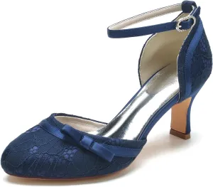 Dress First Wedding Shoes Lace Satin Bow Heels for Women High Heel Closed Toe Wedding Heels Bridesmaid Shoes Ankle Strap Heels Elegant with Buckle, 2.56 inch