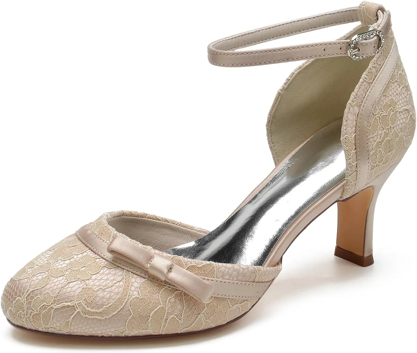 Dress First Wedding Shoes Lace Satin Bow Heels for Women High Heel Closed Toe Wedding Heels Bridesmaid Shoes Ankle Strap Heels Elegant with Buckle, 2.56 inch