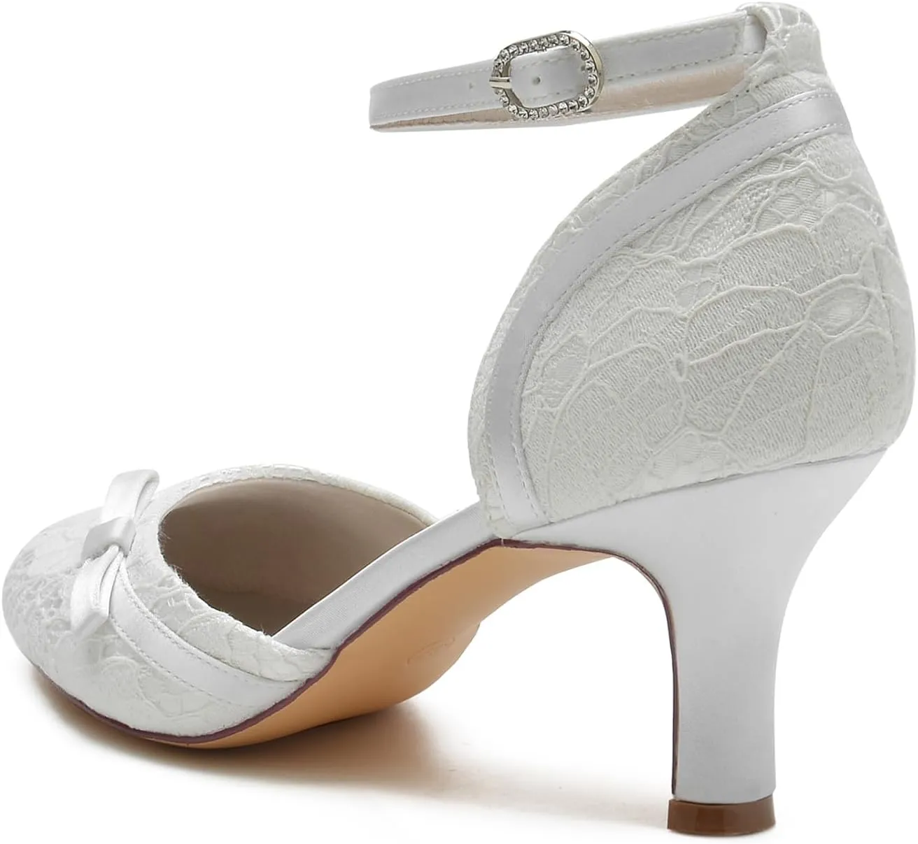 Dress First Wedding Shoes Lace Satin Bow Heels for Women High Heel Closed Toe Wedding Heels Bridesmaid Shoes Ankle Strap Heels Elegant with Buckle, 2.56 inch