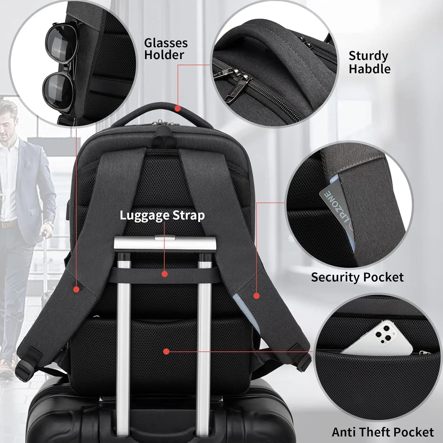 DUSLANG 17 Inch Laptop Backpack for Travel Water Resistant College Backpack for Men/Women Laptop Bag with USB Charging Port and Flower Keychain for backpack, Black