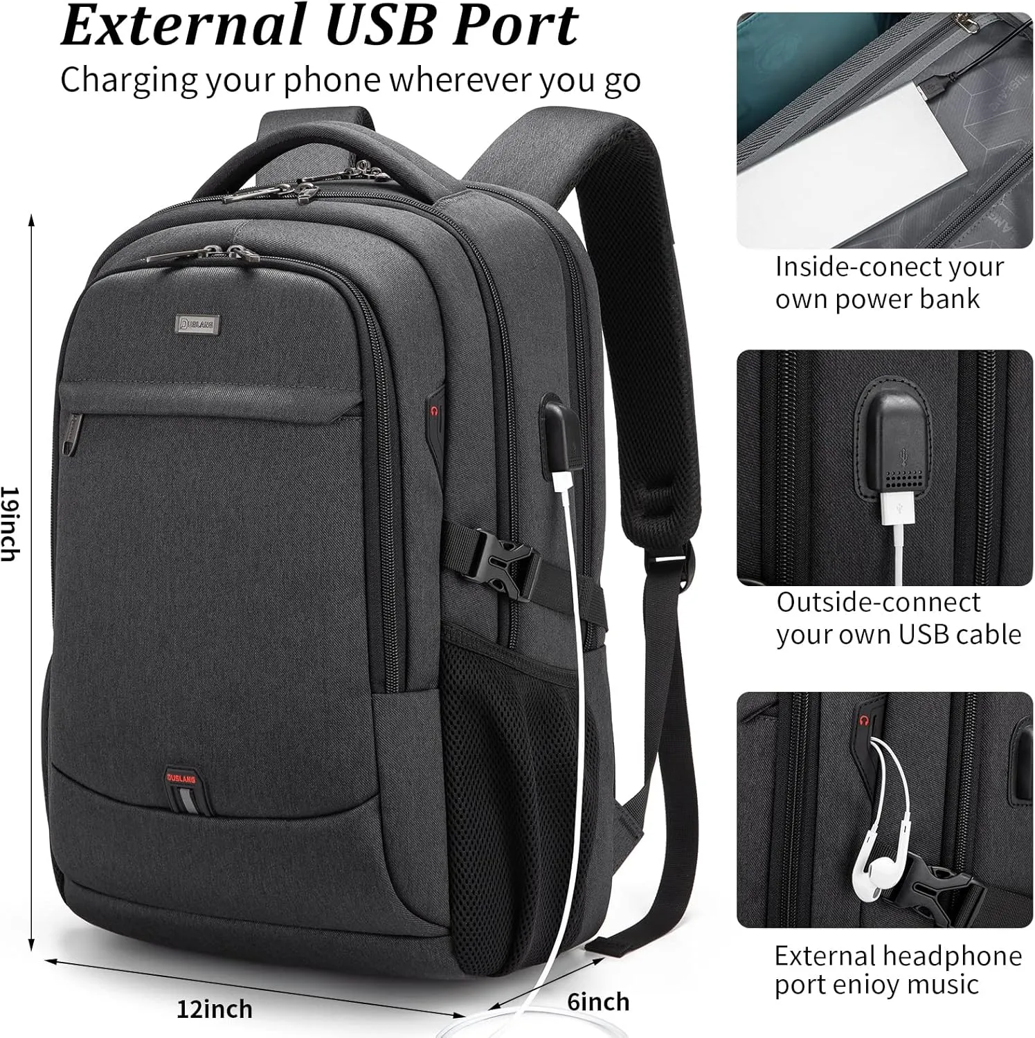 DUSLANG 17 Inch Laptop Backpack for Travel Water Resistant College Backpack for Men/Women Laptop Bag with USB Charging Port and Flower Keychain for backpack, Black