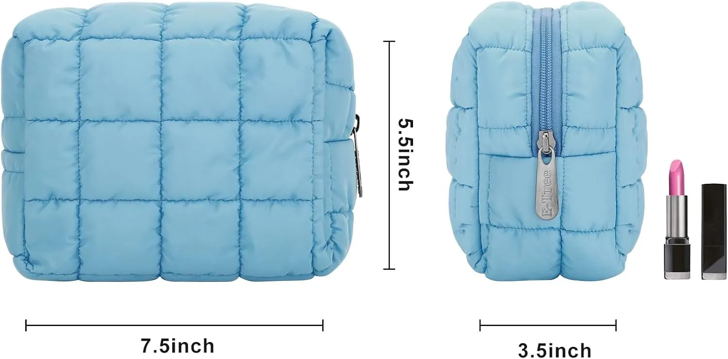 E-Tree Cute Makeup Bag,Quilted Cosmetic Bag,Make up Pouch for Purse,Toiletry Zipper Pouch,Checkered Bag,Travel Case,Storage Pouches for Organization (Blue)