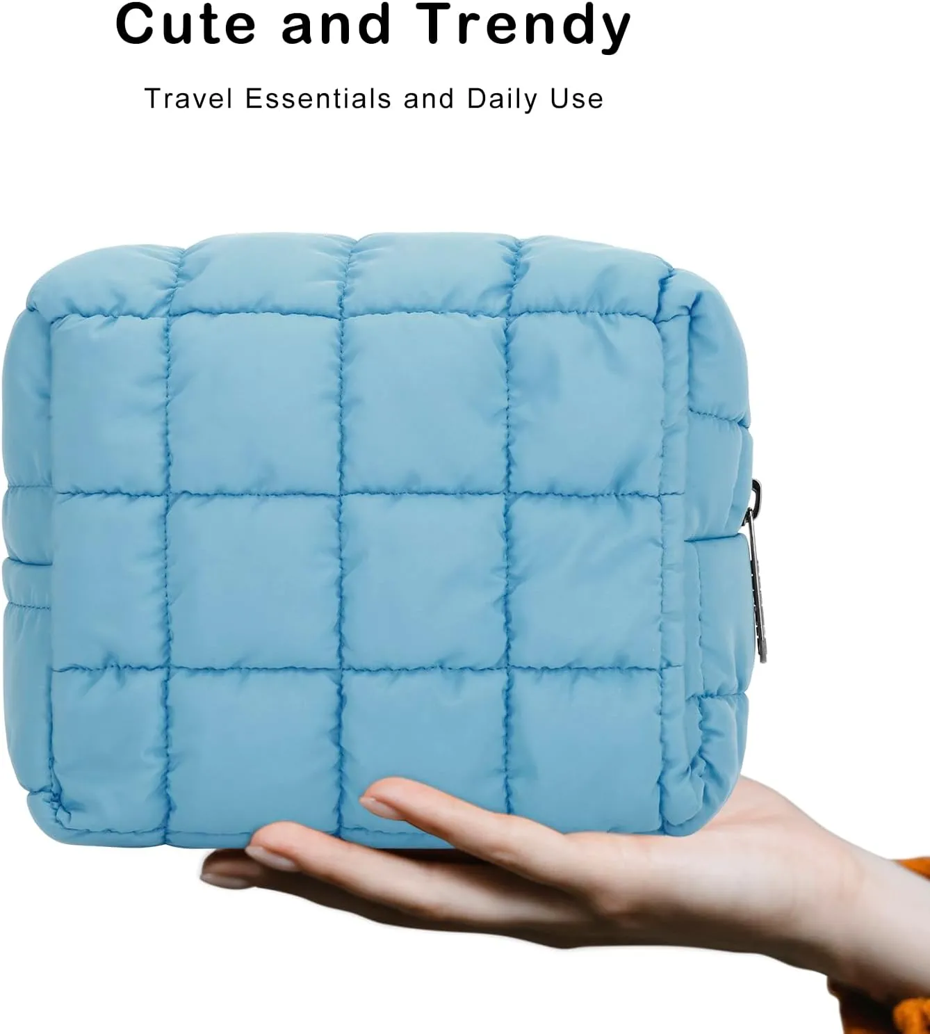 E-Tree Cute Makeup Bag,Quilted Cosmetic Bag,Make up Pouch for Purse,Toiletry Zipper Pouch,Checkered Bag,Travel Case,Storage Pouches for Organization (Blue)