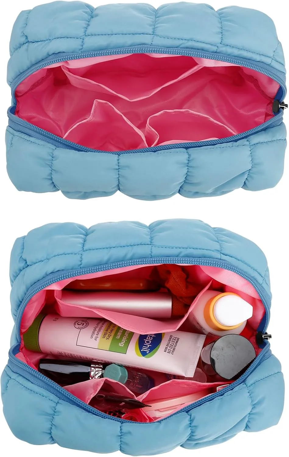 E-Tree Cute Makeup Bag,Quilted Cosmetic Bag,Make up Pouch for Purse,Toiletry Zipper Pouch,Checkered Bag,Travel Case,Storage Pouches for Organization (Blue)