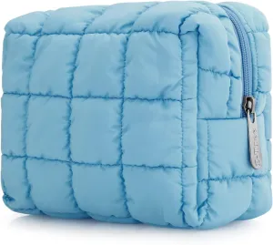 E-Tree Cute Makeup Bag,Quilted Cosmetic Bag,Make up Pouch for Purse,Toiletry Zipper Pouch,Checkered Bag,Travel Case,Storage Pouches for Organization (Blue)