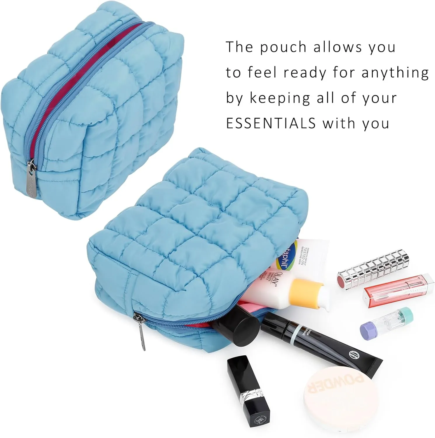 E-Tree Cute Makeup Bag,Quilted Cosmetic Bag,Make up Pouch for Purse,Toiletry Zipper Pouch,Checkered Bag,Travel Case,Storage Pouches for Organization (Blue)