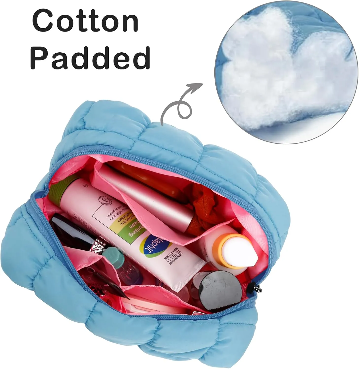 E-Tree Cute Makeup Bag,Quilted Cosmetic Bag,Make up Pouch for Purse,Toiletry Zipper Pouch,Checkered Bag,Travel Case,Storage Pouches for Organization (Blue)