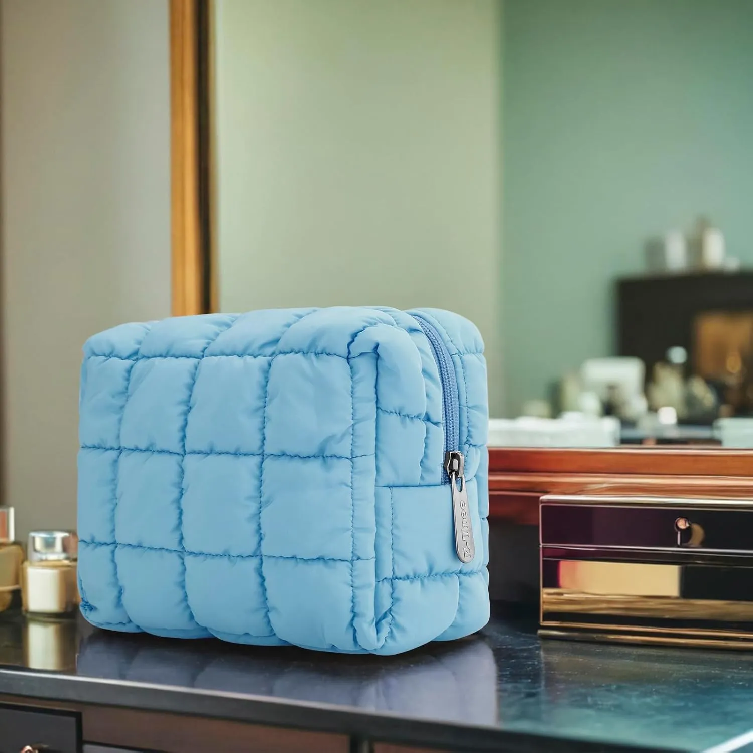 E-Tree Cute Makeup Bag,Quilted Cosmetic Bag,Make up Pouch for Purse,Toiletry Zipper Pouch,Checkered Bag,Travel Case,Storage Pouches for Organization (Blue)