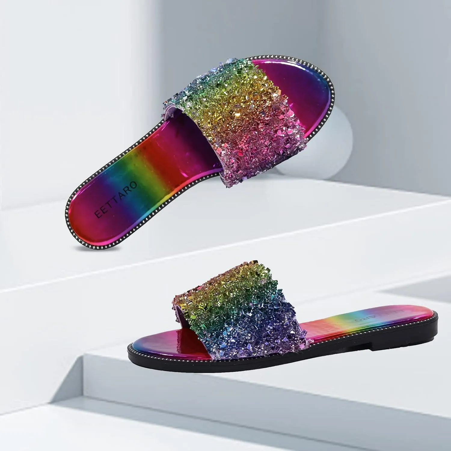 EETTARO Women's Glitter Shiny Slide Sandals Sparkle Fancy Flat Slippers Slip-on Jeweled Shoes
