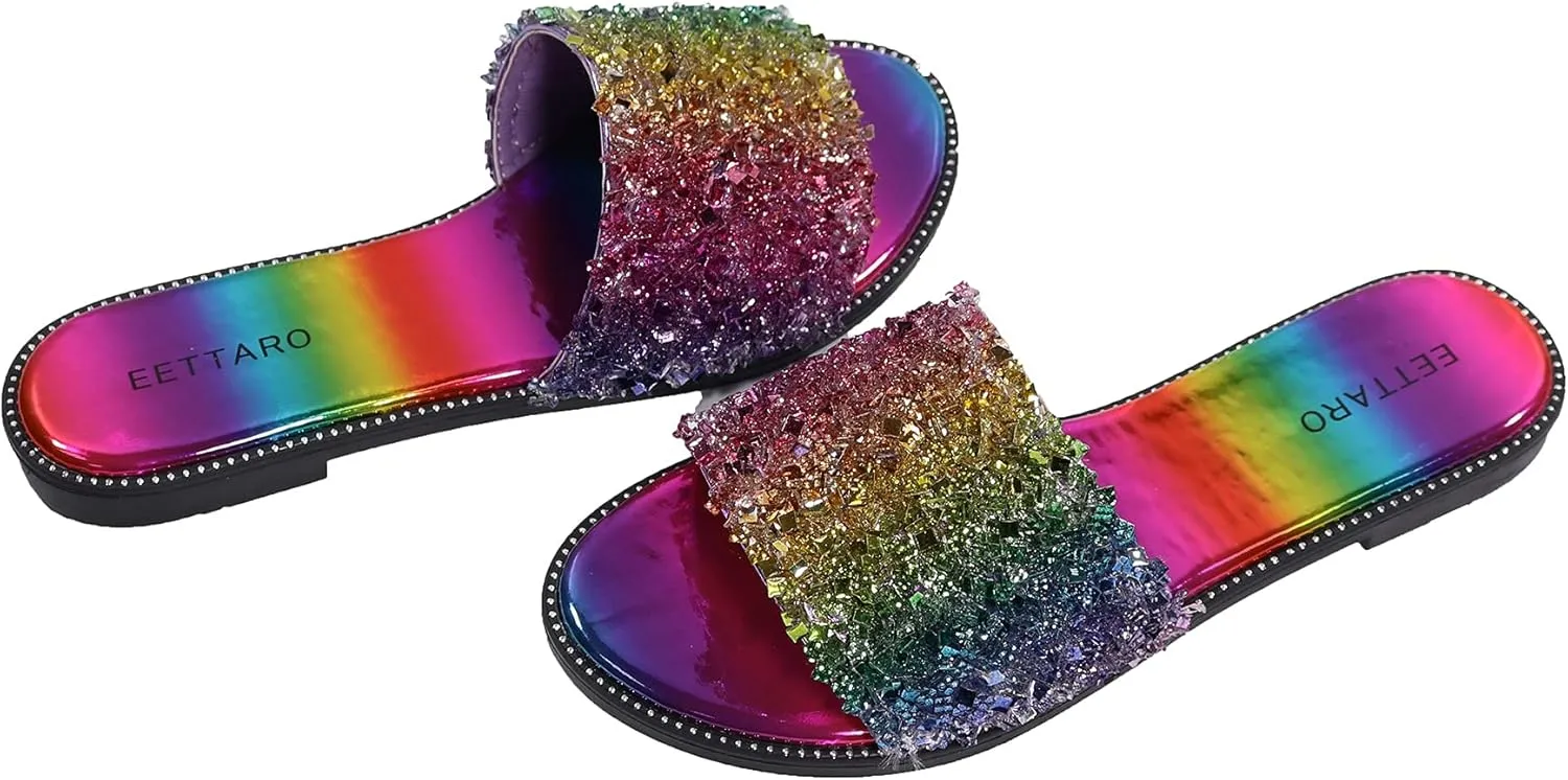 EETTARO Women's Glitter Shiny Slide Sandals Sparkle Fancy Flat Slippers Slip-on Jeweled Shoes
