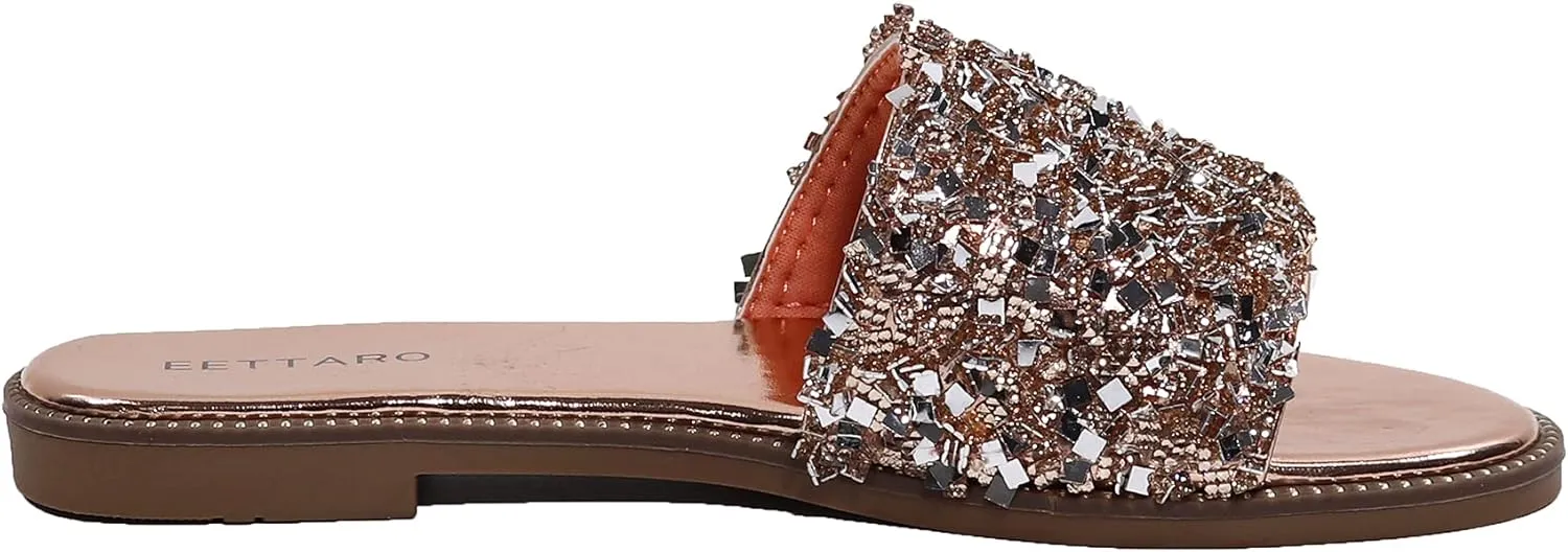 EETTARO Women's Glitter Shiny Slide Sandals Sparkle Fancy Flat Slippers Slip-on Jeweled Shoes