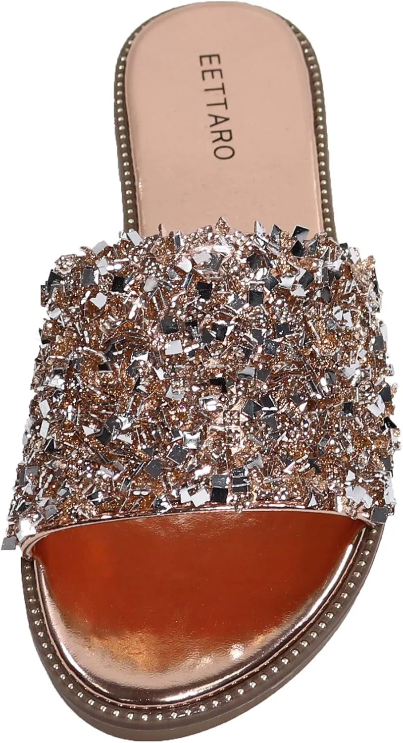 EETTARO Women's Glitter Shiny Slide Sandals Sparkle Fancy Flat Slippers Slip-on Jeweled Shoes