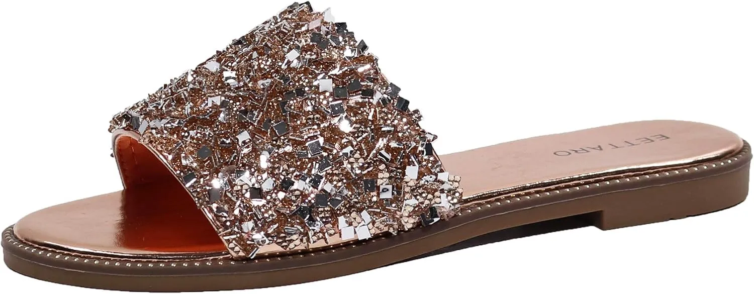EETTARO Women's Glitter Shiny Slide Sandals Sparkle Fancy Flat Slippers Slip-on Jeweled Shoes