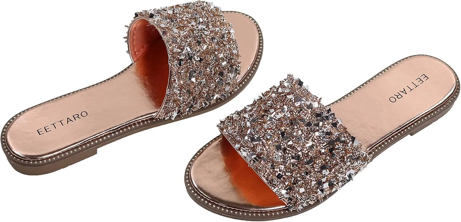 EETTARO Women's Glitter Shiny Slide Sandals Sparkle Fancy Flat Slippers Slip-on Jeweled Shoes