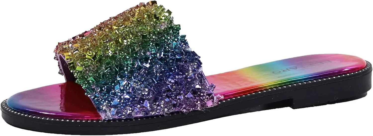 EETTARO Women's Glitter Shiny Slide Sandals Sparkle Fancy Flat Slippers Slip-on Jeweled Shoes