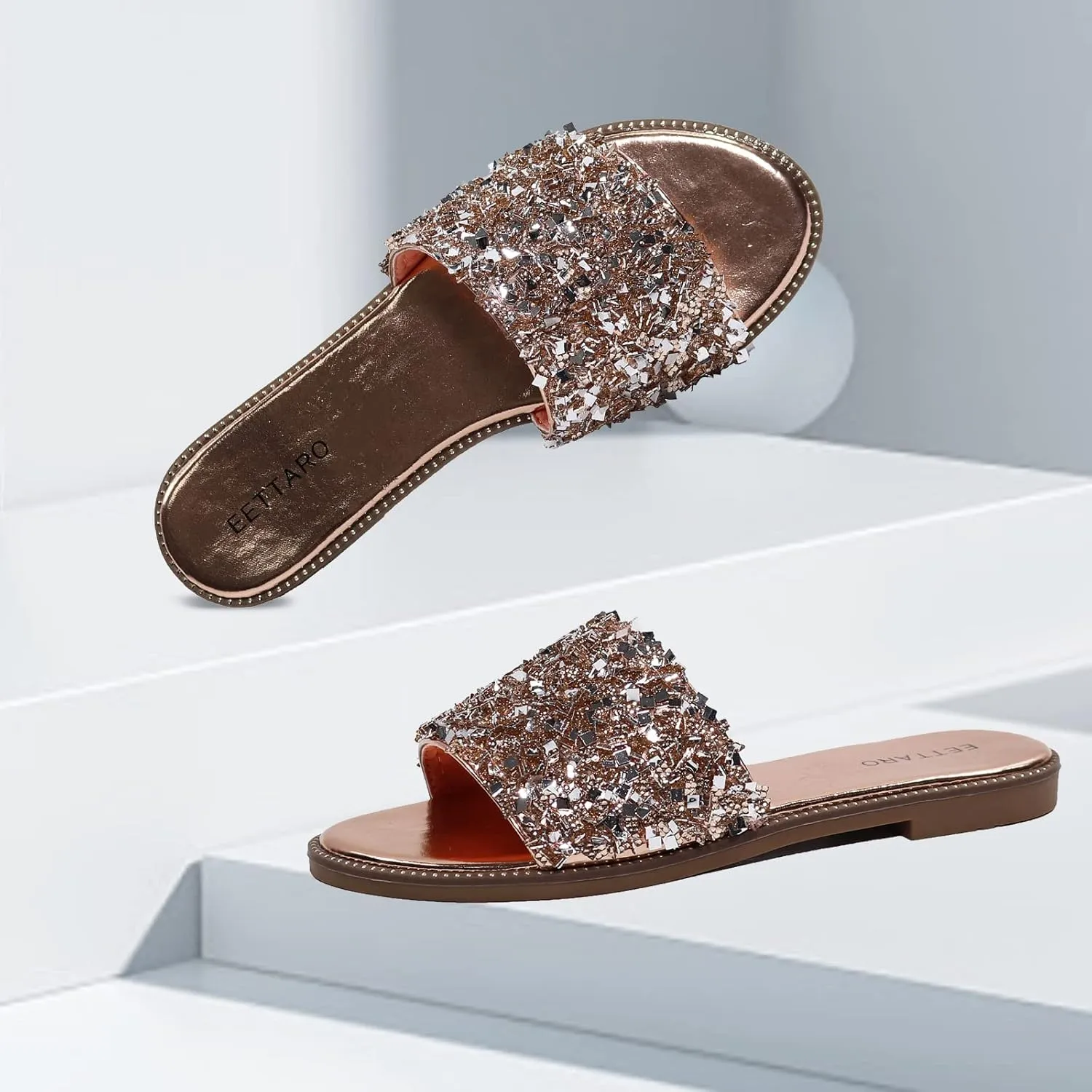 EETTARO Women's Glitter Shiny Slide Sandals Sparkle Fancy Flat Slippers Slip-on Jeweled Shoes