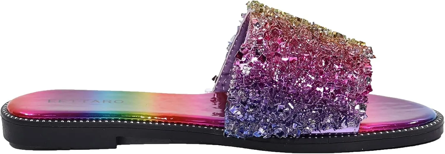 EETTARO Women's Glitter Shiny Slide Sandals Sparkle Fancy Flat Slippers Slip-on Jeweled Shoes
