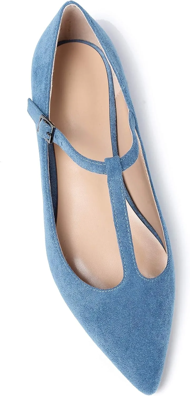 Eldof Women's Pointed Flat Pumps, T-Strap Flat Pumps, Comfortable Flat for The Office Wedding and Dress