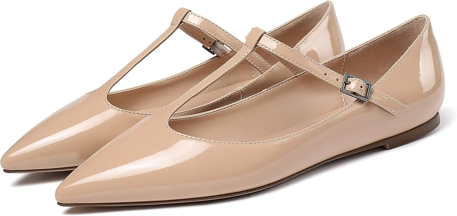 Eldof Women's Pointed Flat Pumps, T-Strap Flat Pumps, Comfortable Flat for The Office Wedding and Dress