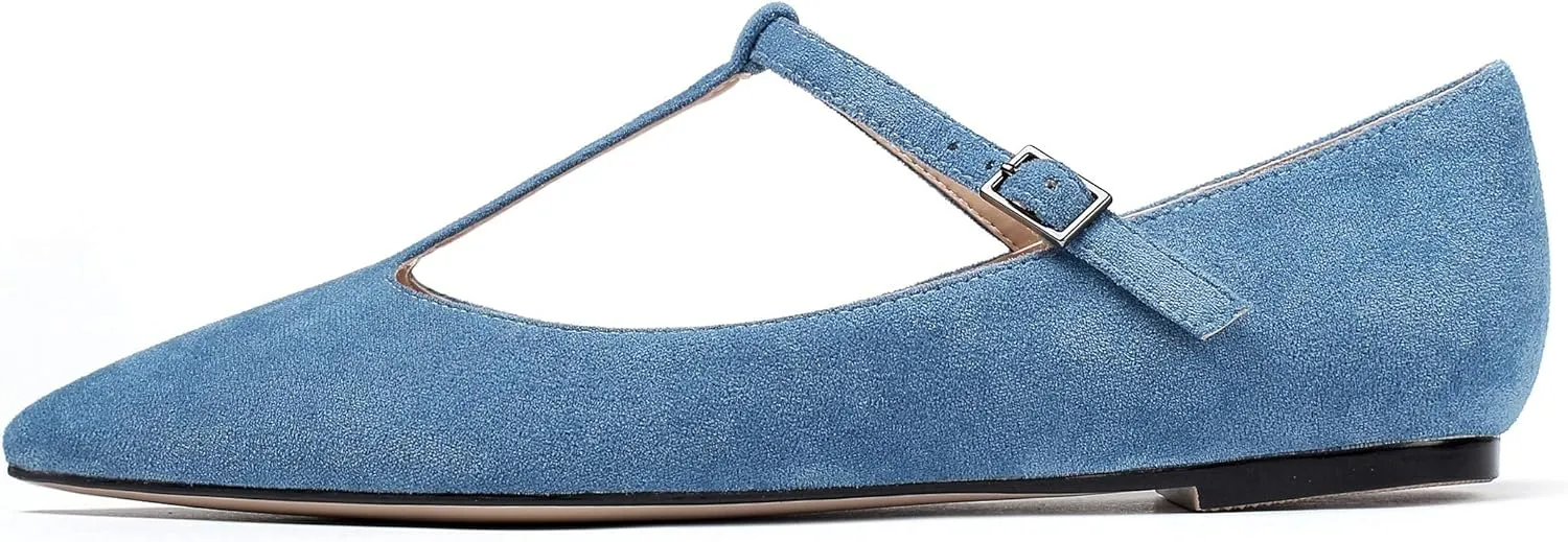 Eldof Women's Pointed Flat Pumps, T-Strap Flat Pumps, Comfortable Flat for The Office Wedding and Dress