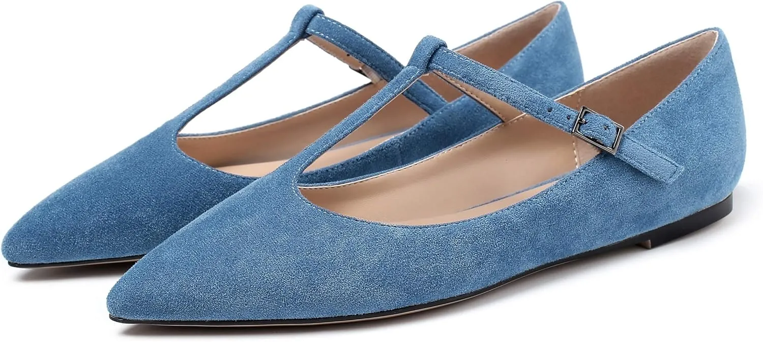 Eldof Women's Pointed Flat Pumps, T-Strap Flat Pumps, Comfortable Flat for The Office Wedding and Dress