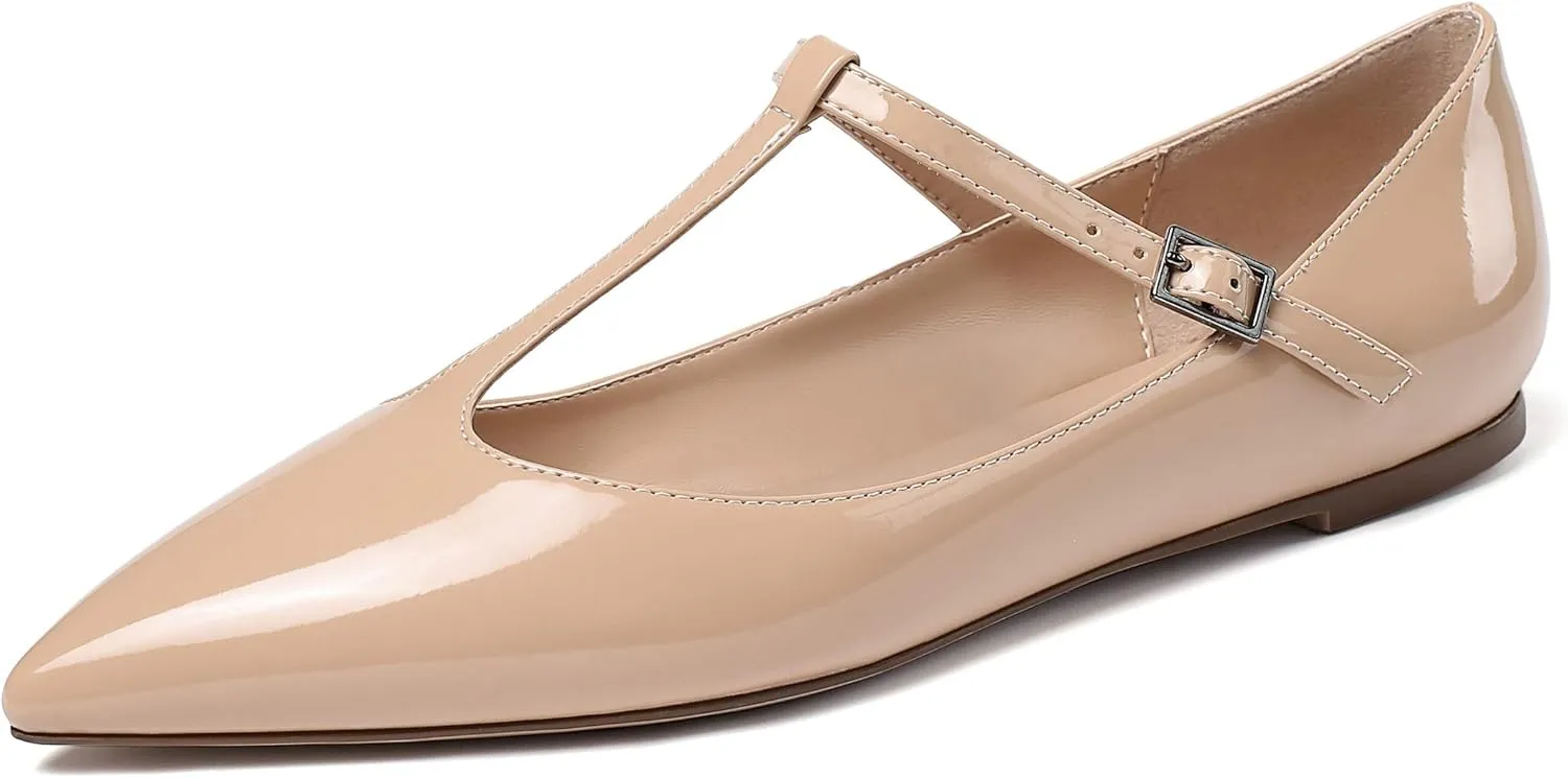 Eldof Women's Pointed Flat Pumps, T-Strap Flat Pumps, Comfortable Flat for The Office Wedding and Dress
