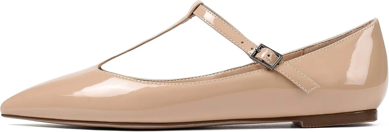 Eldof Women's Pointed Flat Pumps, T-Strap Flat Pumps, Comfortable Flat for The Office Wedding and Dress