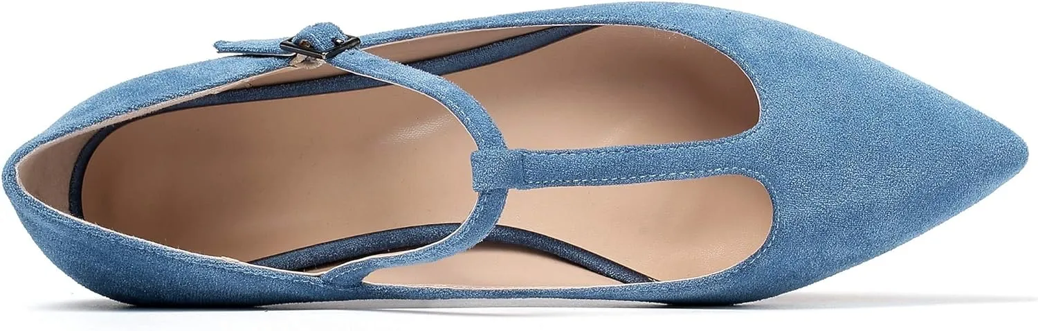Eldof Women's Pointed Flat Pumps, T-Strap Flat Pumps, Comfortable Flat for The Office Wedding and Dress
