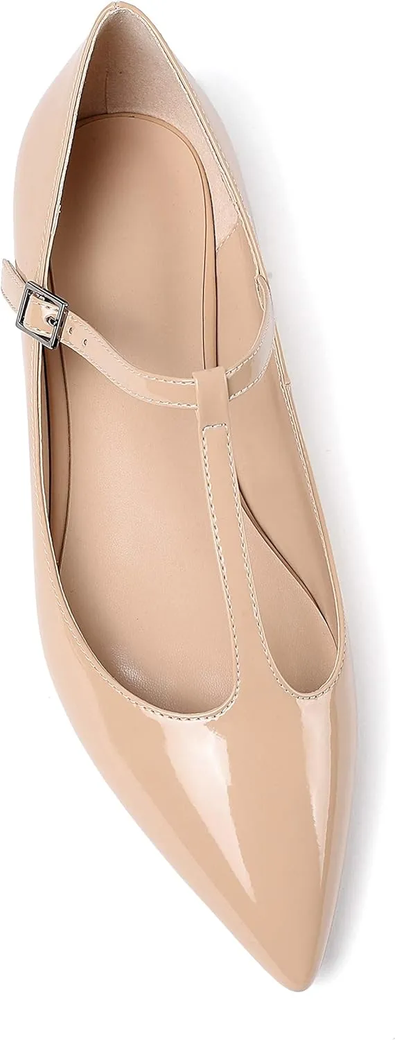 Eldof Women's Pointed Flat Pumps, T-Strap Flat Pumps, Comfortable Flat for The Office Wedding and Dress