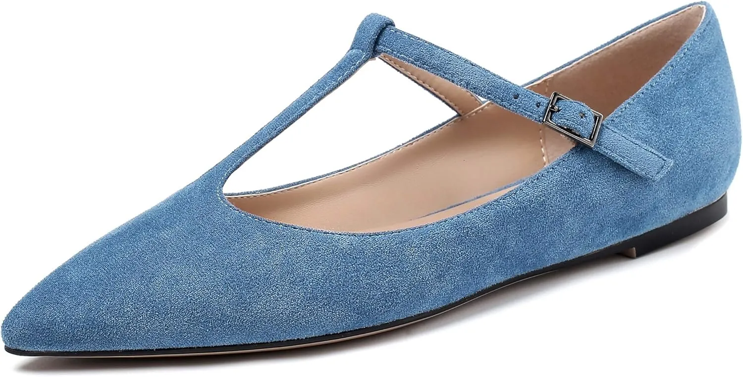 Eldof Women's Pointed Flat Pumps, T-Strap Flat Pumps, Comfortable Flat for The Office Wedding and Dress