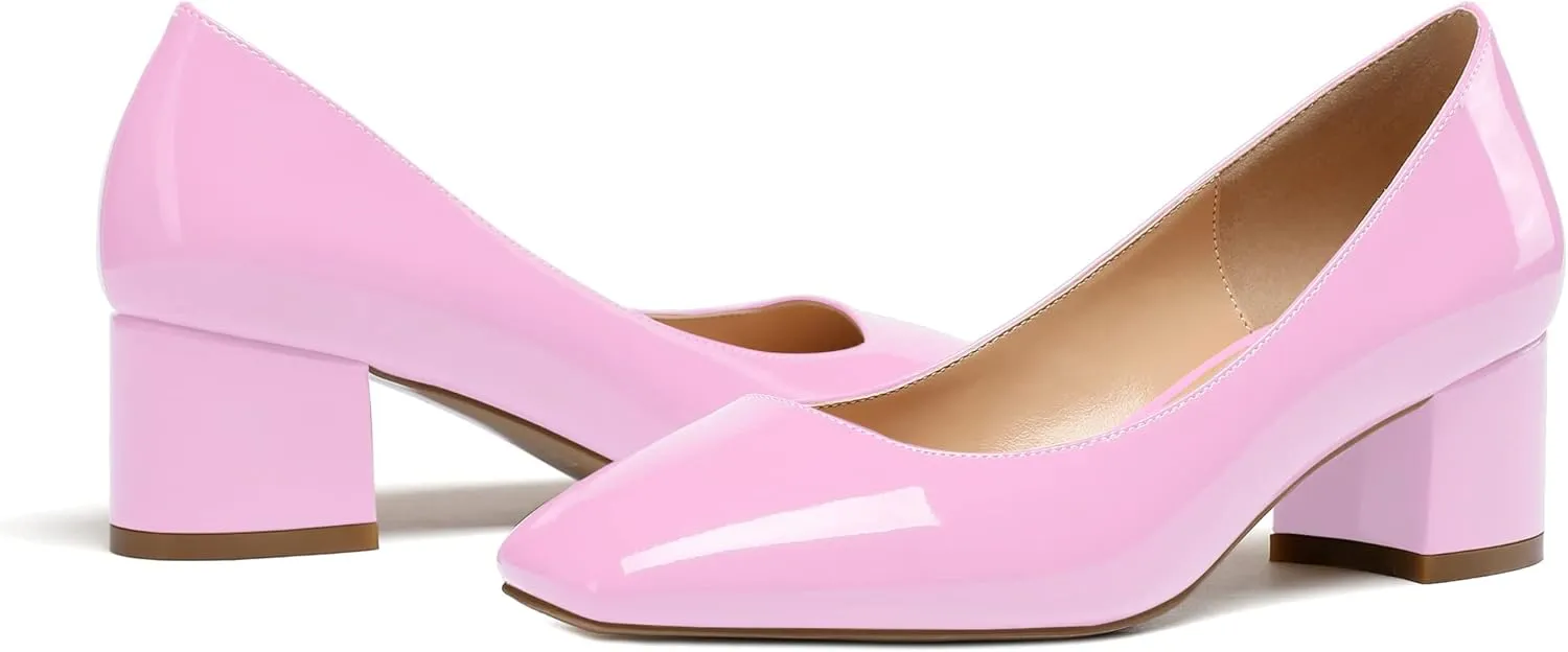 Eldof Women's Square Toe Mid Chunky Block Heel 2 Inch Pumps Slip On Elegant Block Heel Dress Shoes