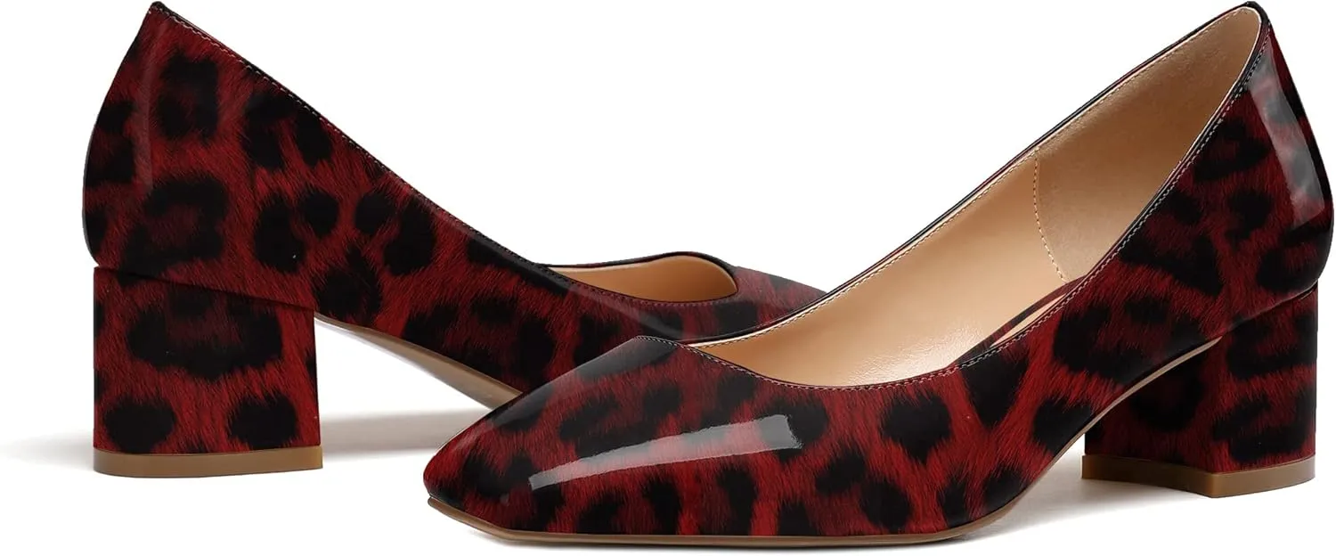 Eldof Women's Square Toe Mid Chunky Block Heel 2 Inch Pumps Slip On Elegant Block Heel Dress Shoes