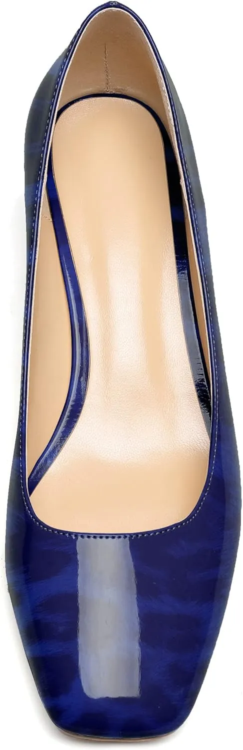 Eldof Women's Square Toe Mid Chunky Block Heel 2 Inch Pumps Slip On Elegant Block Heel Dress Shoes